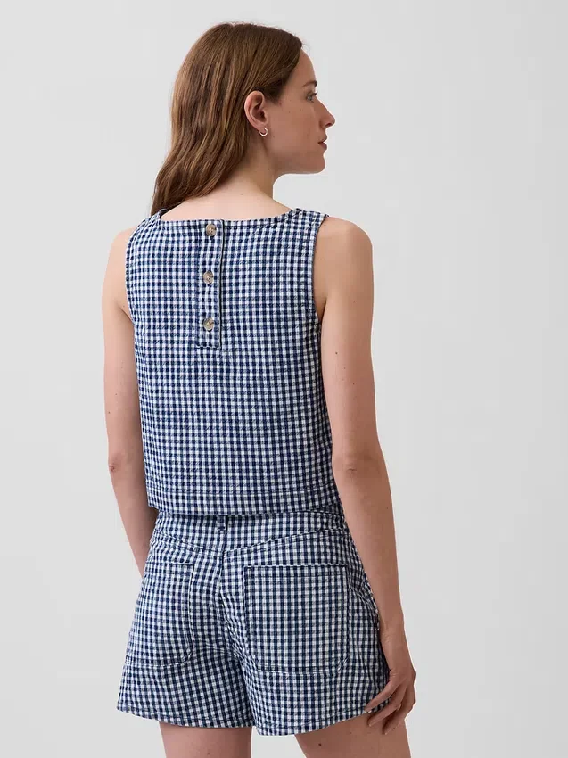 Canotta corta in denim a quadretti