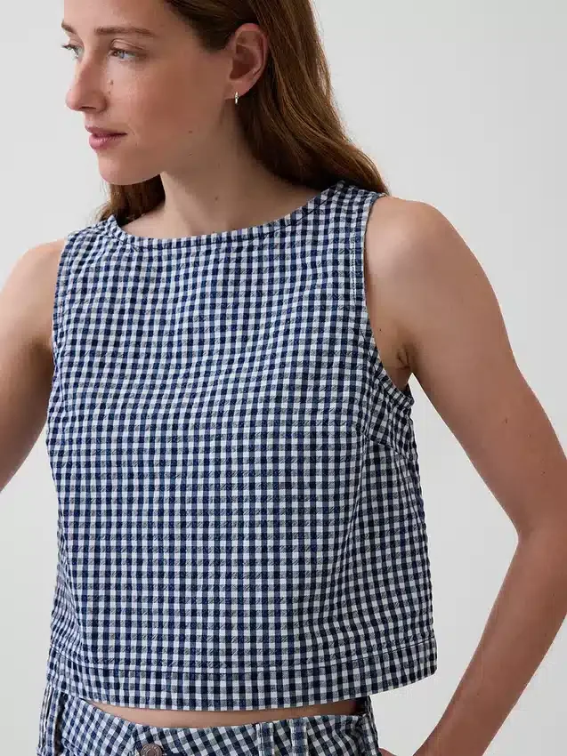 Canotta corta in denim a quadretti