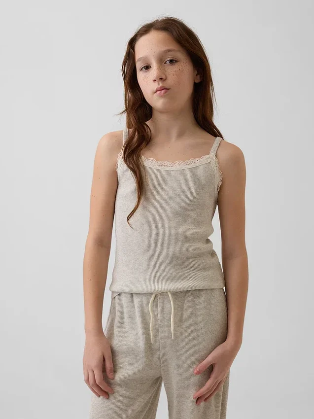 Canotta per bambini in maglia waffle con bordi in pizzo