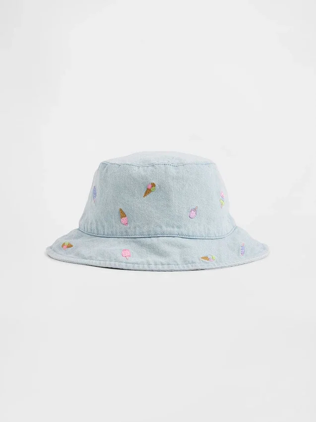 Cappello a secchiello in denim ricamato per neonato & bebè