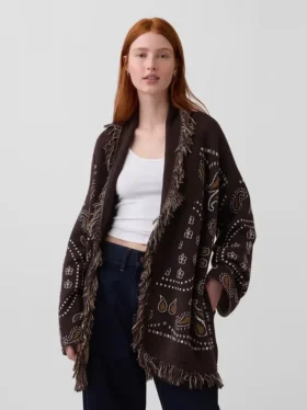 Cardigan a scialle con frange in misto cotone