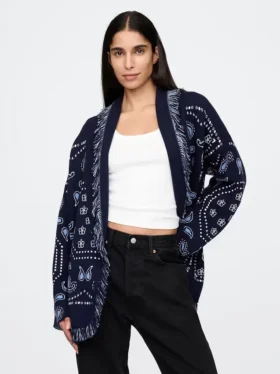 Cardigan a scialle con frange in misto cotone