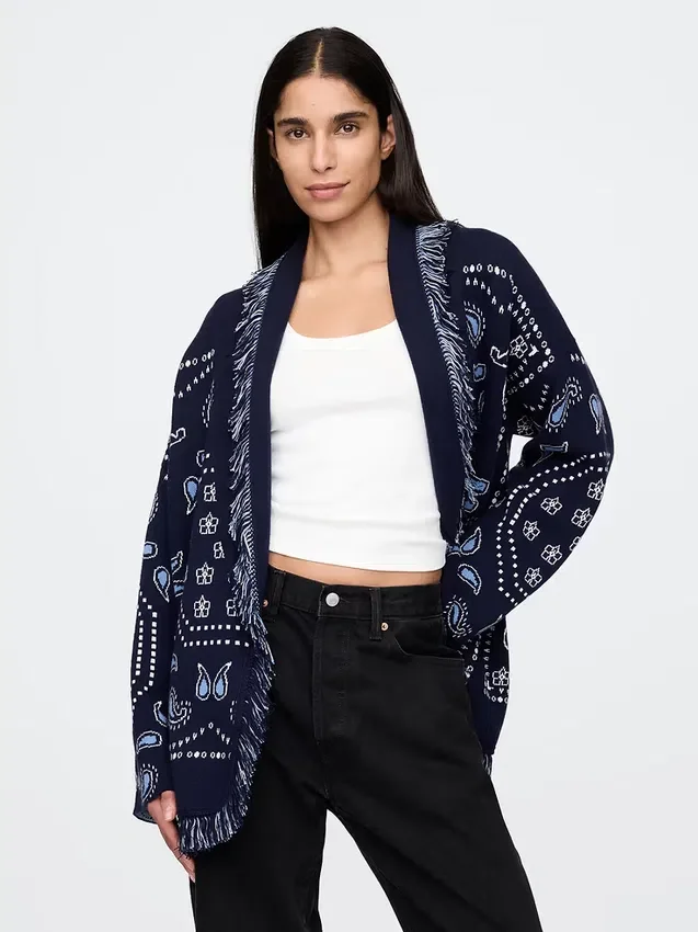 Cardigan a scialle con frange in misto cotone