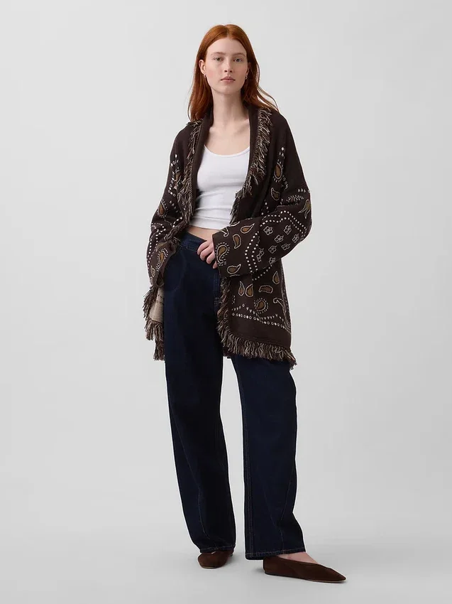 Cardigan a scialle con frange in misto cotone