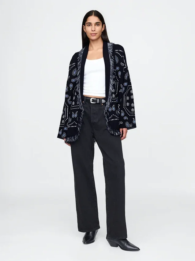 Cardigan a scialle con frange in misto cotone