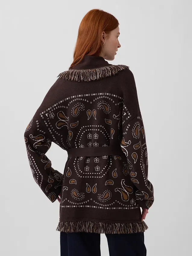 Cardigan a scialle con frange in misto cotone