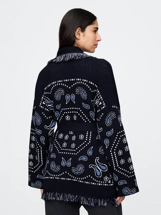 Cardigan a scialle con frange in misto cotone
