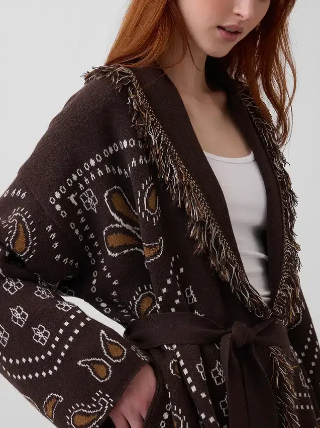 Cardigan a scialle con frange in misto cotone