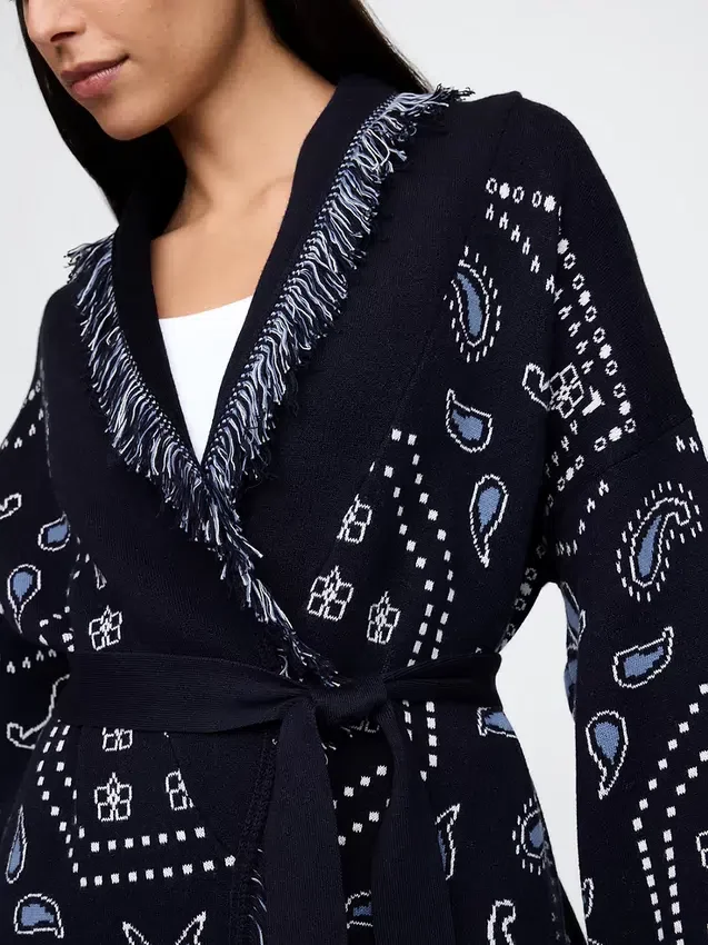 Cardigan a scialle con frange in misto cotone
