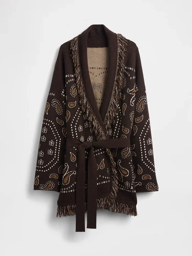 Cardigan a scialle con frange in misto cotone