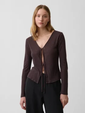 Cardigan con chiusura frontale annodata in misto lino