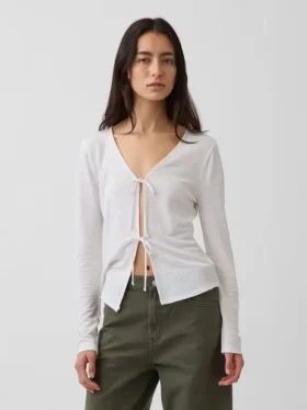 Cardigan con chiusura frontale annodata in misto lino