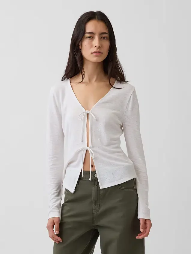 Cardigan con chiusura frontale annodata in misto lino