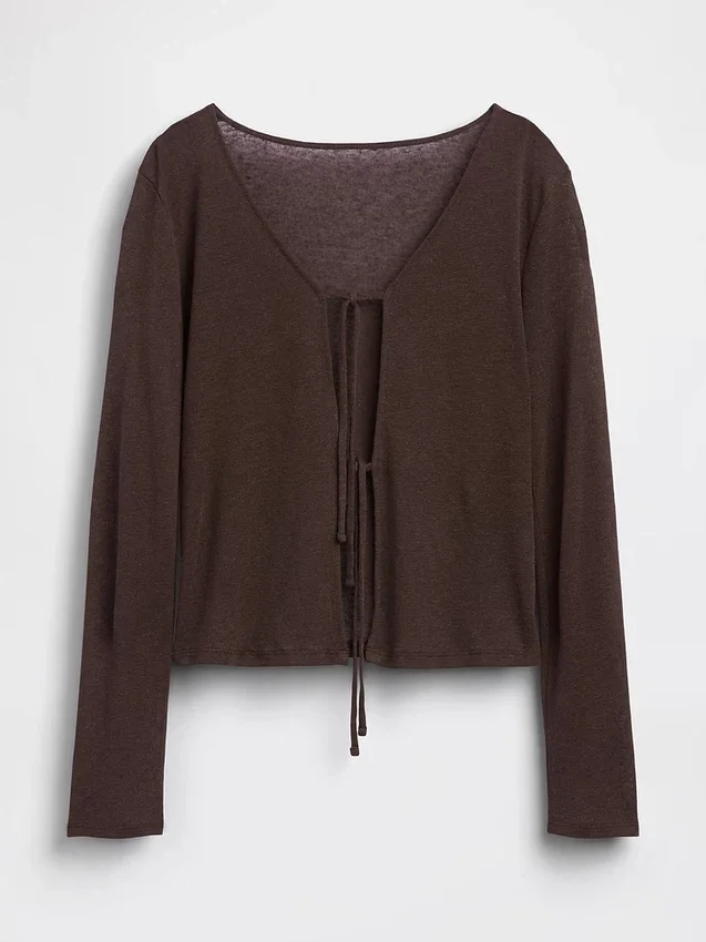 Cardigan con chiusura frontale annodata in misto lino