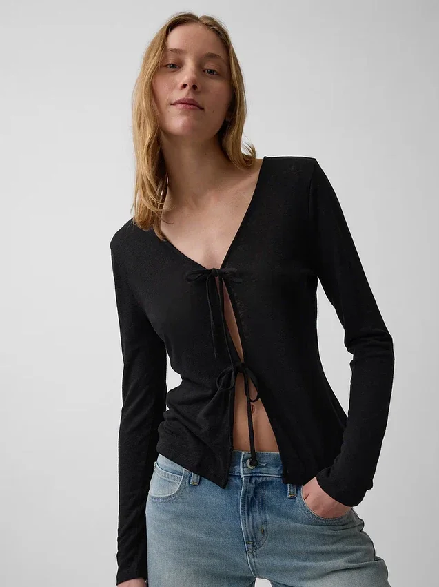 Cardigan con chiusura frontale annodata in misto lino