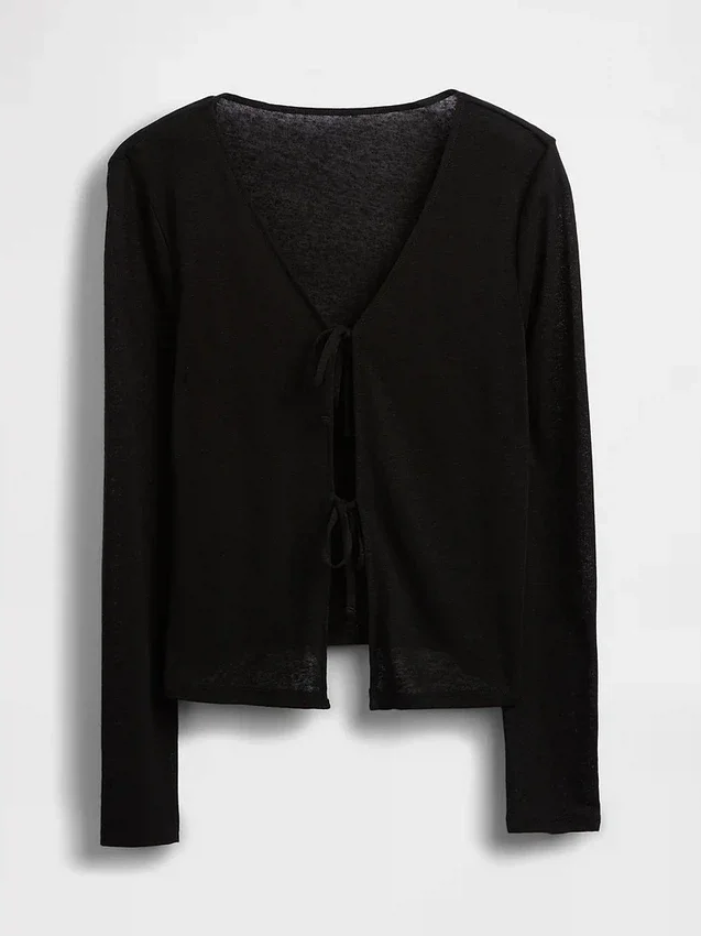 Cardigan con chiusura frontale annodata in misto lino