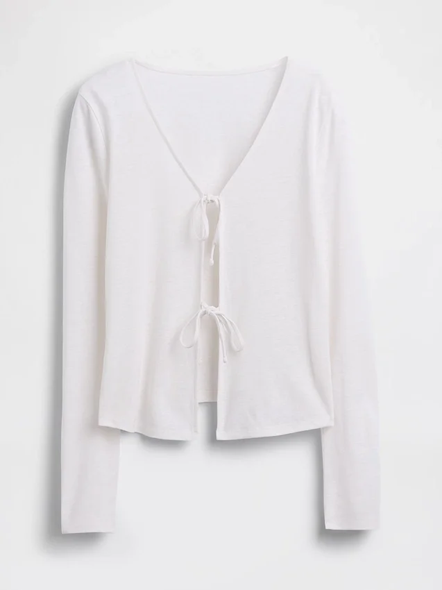 Cardigan con chiusura frontale annodata in misto lino