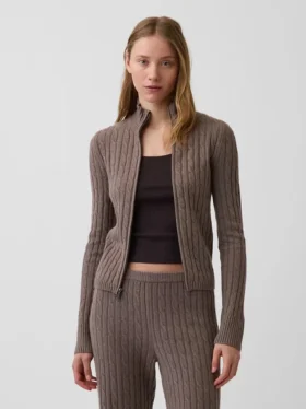 Cardigan corto con zip a maglia intrecciata CashSoft