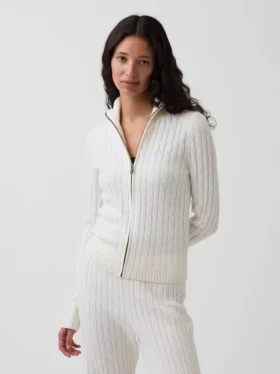 Cardigan corto con zip a maglia intrecciata CashSoft