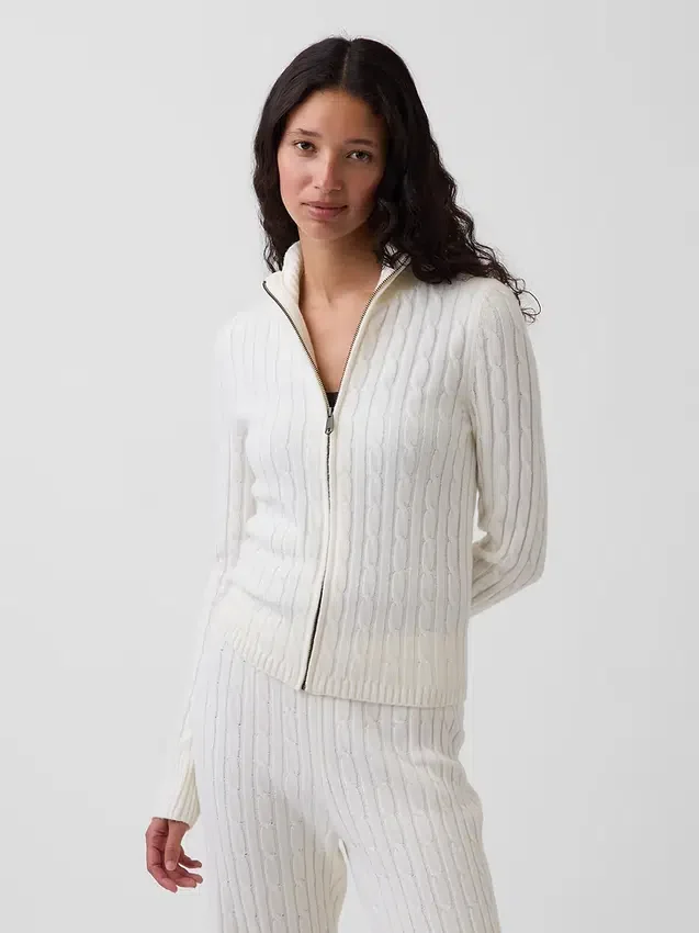 Cardigan corto con zip a maglia intrecciata CashSoft