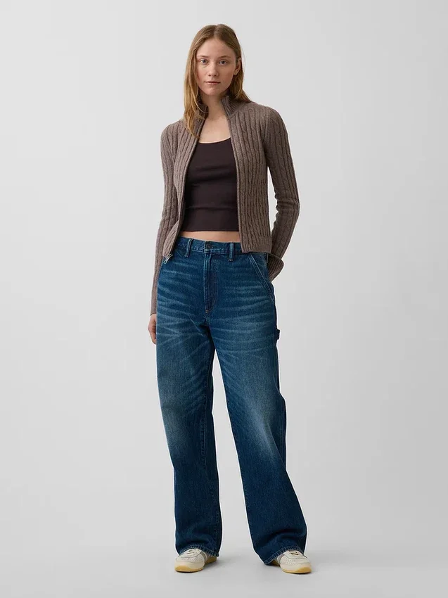 Cardigan corto con zip a maglia intrecciata CashSoft