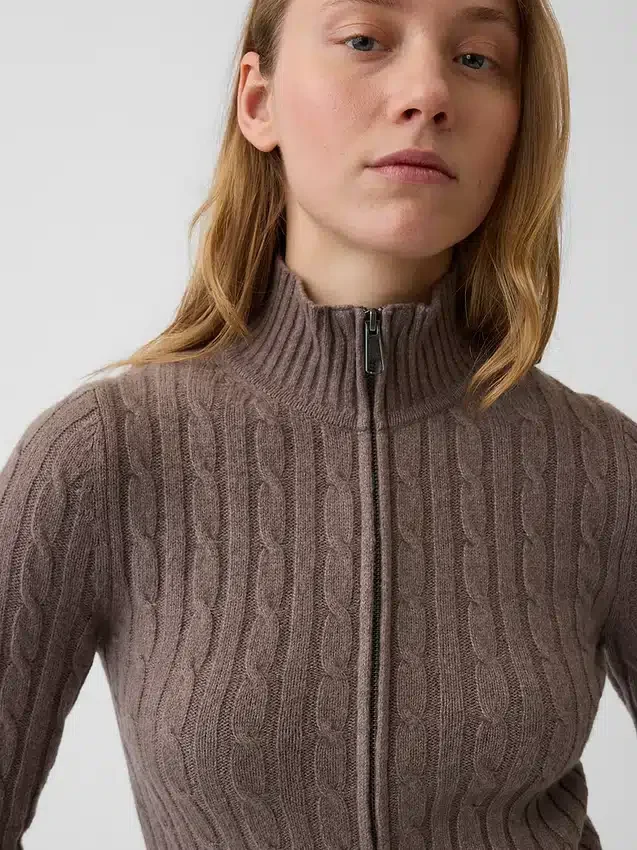 Cardigan corto con zip a maglia intrecciata CashSoft