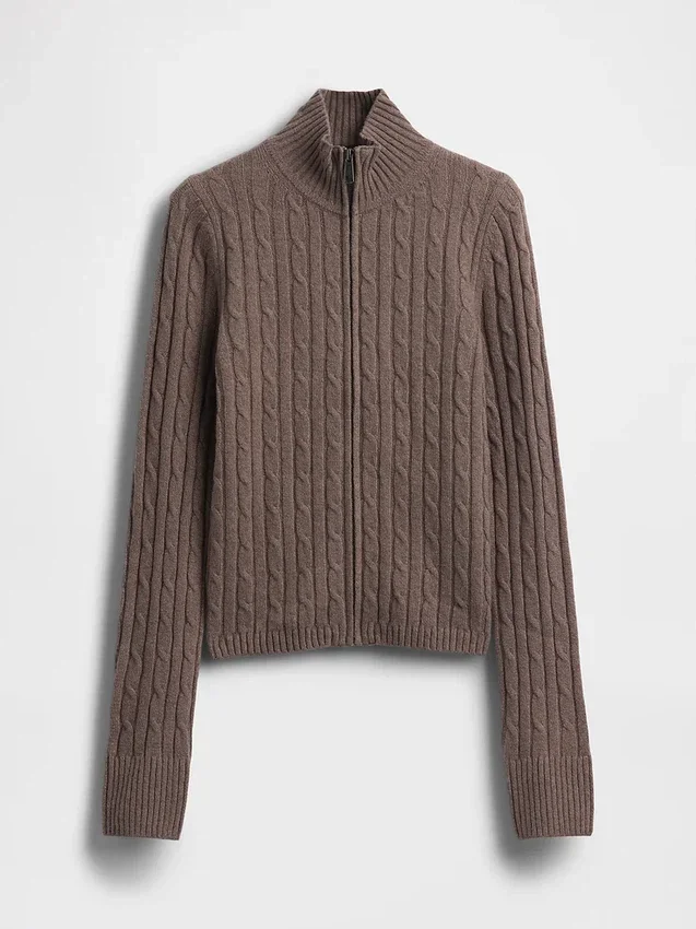 Cardigan corto con zip a maglia intrecciata CashSoft