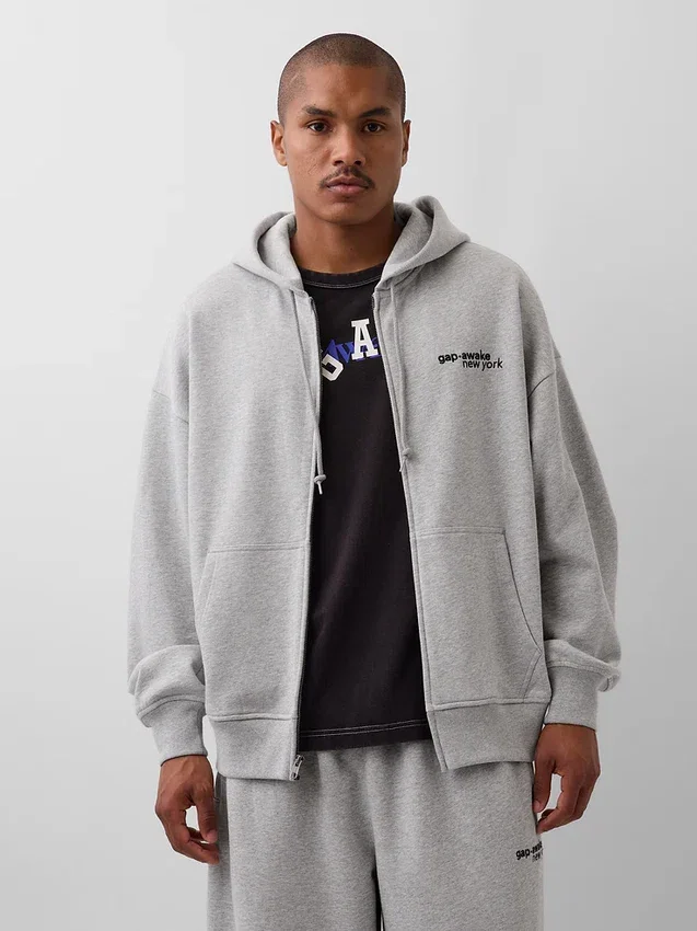 Felpa con cappuccio GAP × Awake Ny in tessuto pesante oversize con logo e cerniera