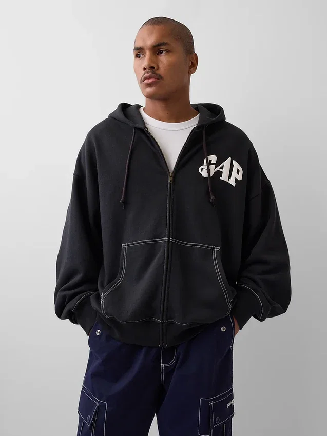 Felpa con cappuccio GAP × Awake Ny in tessuto pesante oversize con logo e cerniera