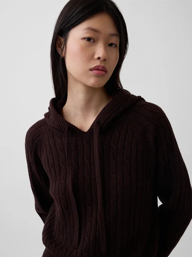 Felpa con cappuccio in maglia a trecce dal taglio ampio CashSoft