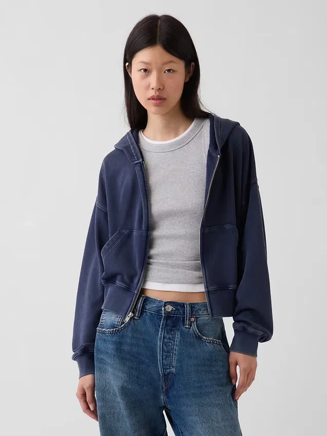 Felpa con cappuccio oversize in felpa Vintagesoft con zip a cuneo