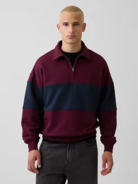 Felpa oversize a righe con mezza zip, in tessuto pesante