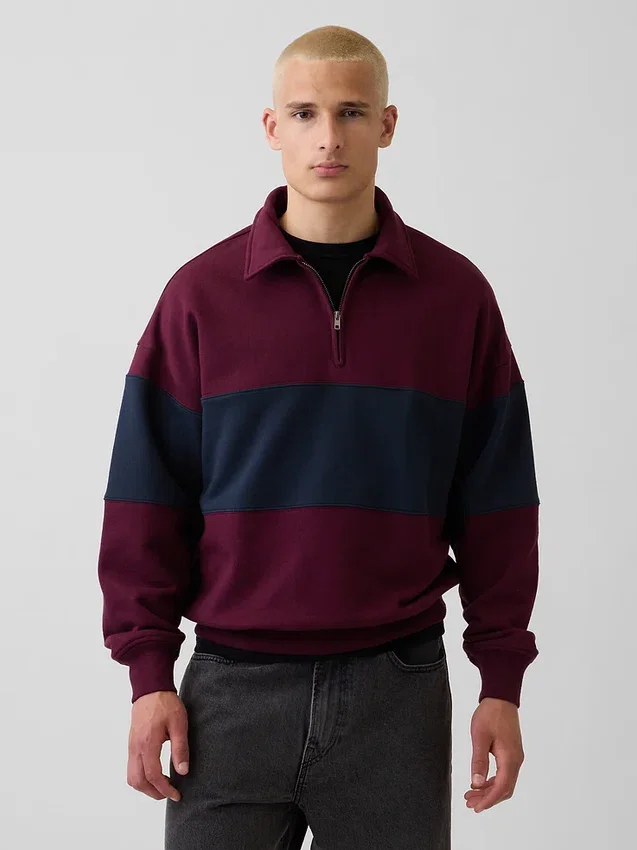 Felpa oversize a righe con mezza zip, in tessuto pesante