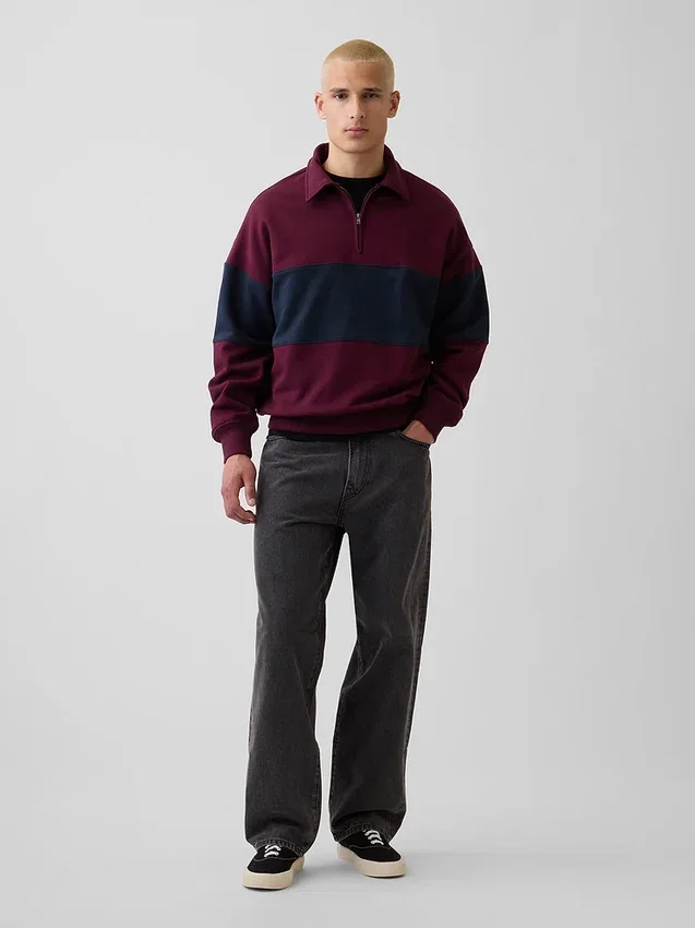 Felpa oversize a righe con mezza zip, in tessuto pesante
