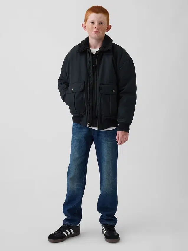 Giacca bomber da bambino in tela con fodera in sherpa