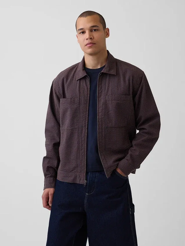 Giacca-camicia con zip in seersucker