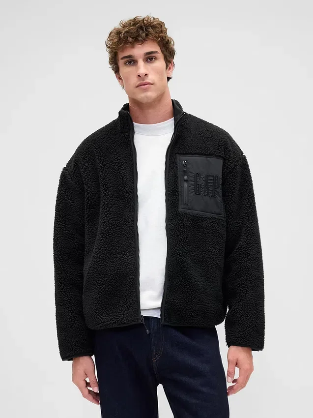 Giacca con zip oversize in sherpa riciclato e logo