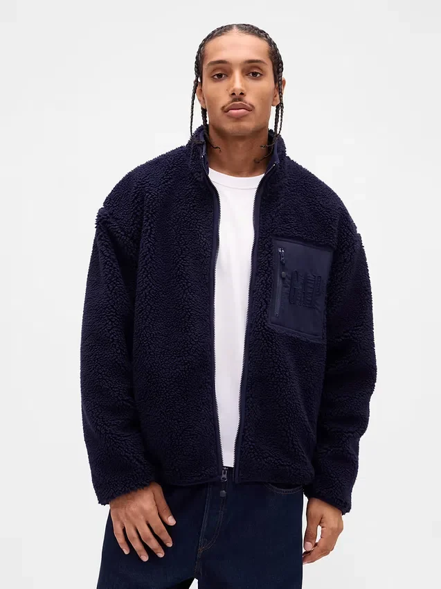 Giacca con zip oversize in sherpa riciclato e logo