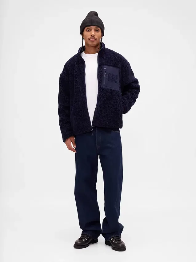 Giacca con zip oversize in sherpa riciclato e logo
