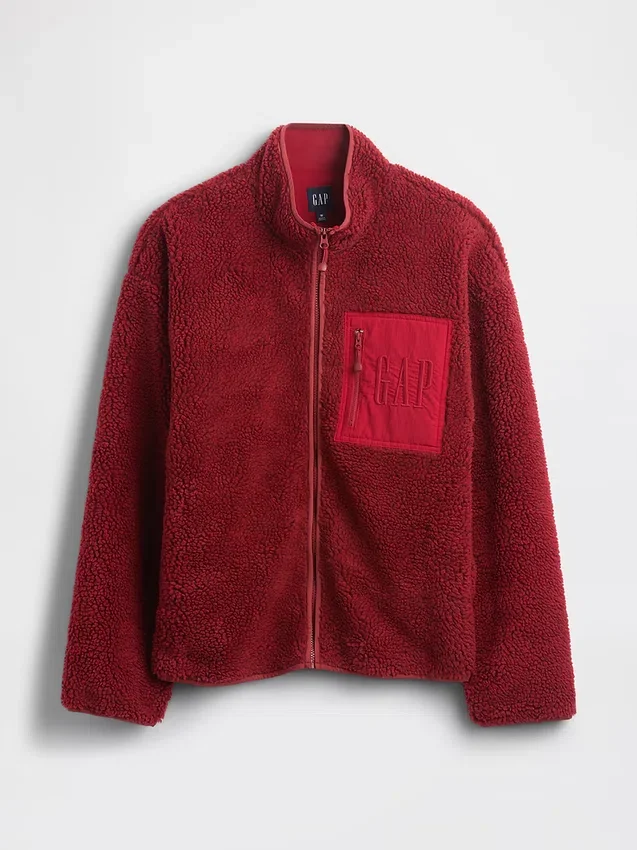Giacca con zip oversize in sherpa riciclato e logo