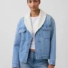 Giacca in denim con collo a scialle e fodera in sherpa