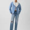 Giacca in denim con collo a scialle e fodera in sherpa