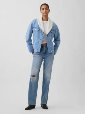 Giacca in denim con collo a scialle e fodera in sherpa
