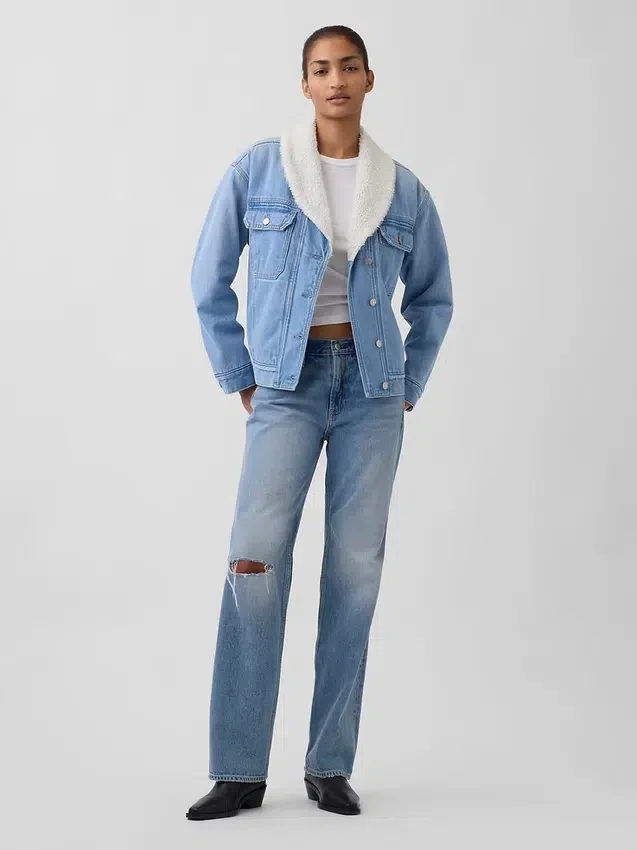 Giacca in denim con collo a scialle e fodera in sherpa