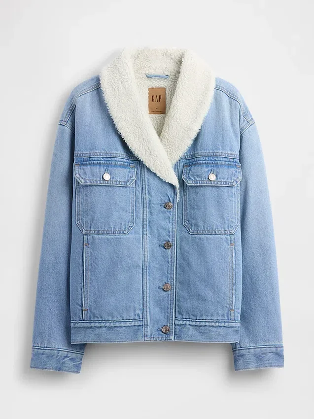 Giacca in denim con collo a scialle e fodera in sherpa