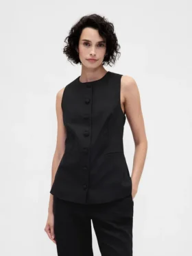 Gilet lungo in misto lino con lacci sul retro