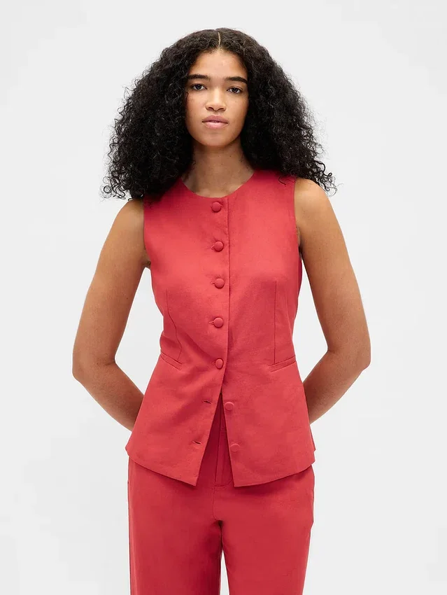 Gilet lungo in misto lino con lacci sul retro