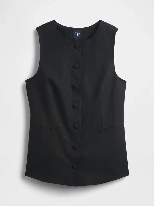 Gilet lungo in misto lino con lacci sul retro