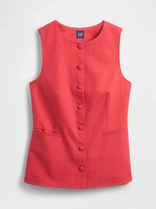 Gilet lungo in misto lino con lacci sul retro