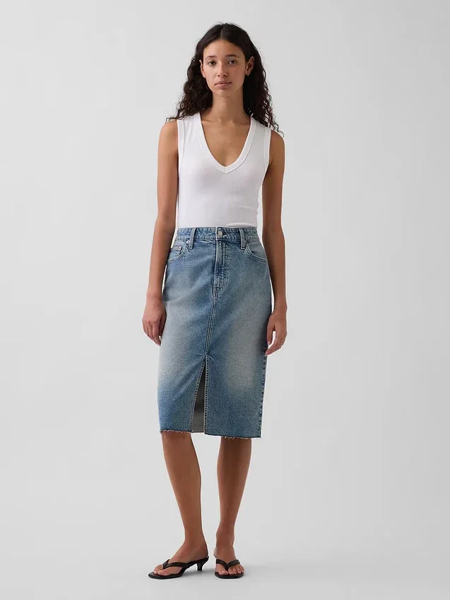 Gonna a tubino midi in denim a vita alta